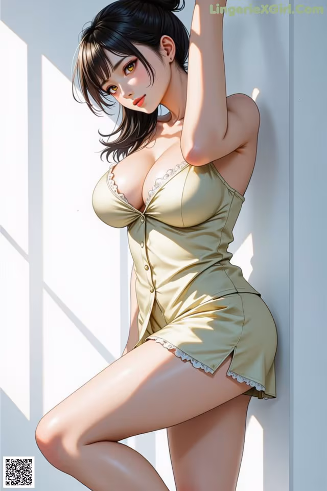 A woman in a yellow dress leaning against a wall.