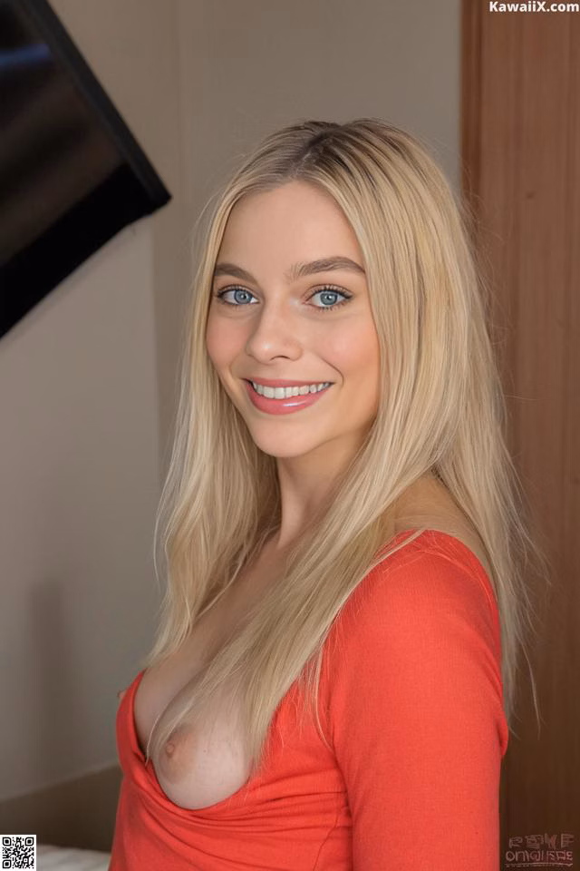 A woman in a red shirt is posing for the camera.
