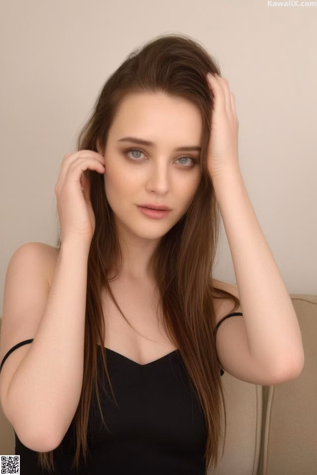 A woman with long brown hair is posing for a picture.