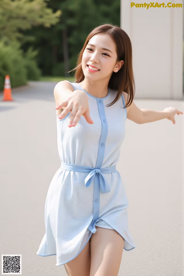 A woman in a blue dress is posing for a picture.