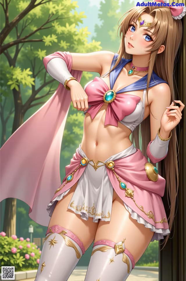 A woman in a pink and white outfit posing for a picture.