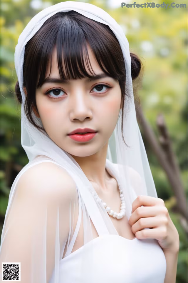 A woman in a white dress with a veil over her head.
