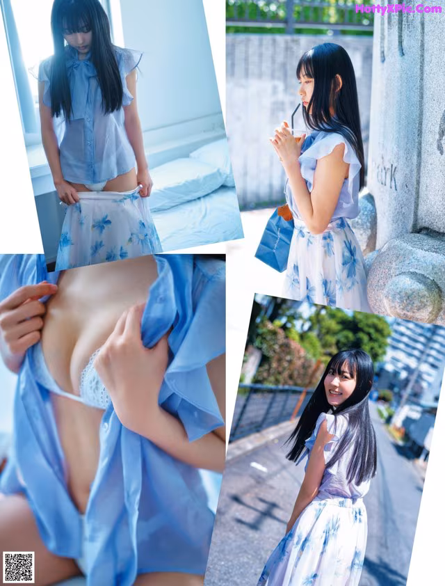 A collage of photos of a woman in a blue shirt and skirt.