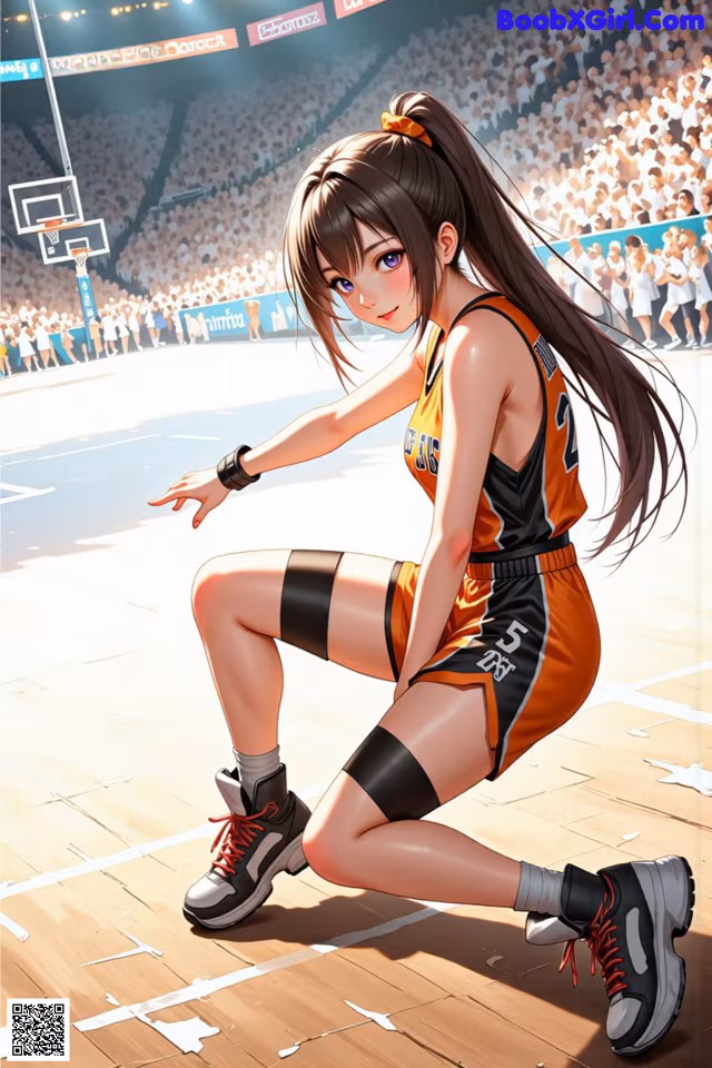 A girl in a basketball uniform crouching on a basketball court.