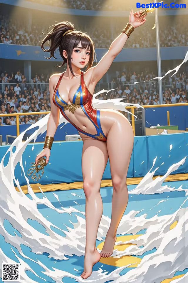 A woman in a bathing suit standing in the water.