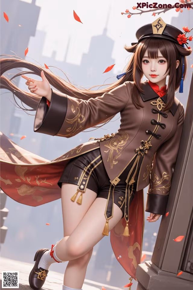 A woman in a brown jacket and black shorts posing for a picture.