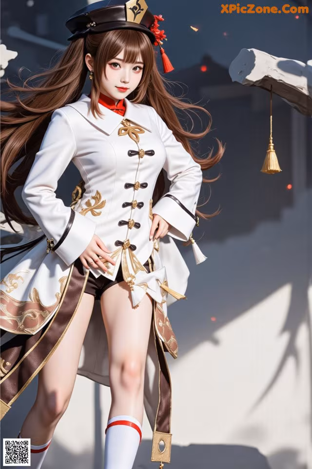 A woman in a white and brown outfit is posing for a picture.