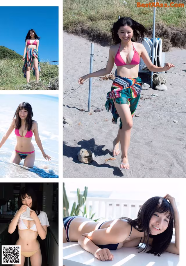 A woman in a bikini is posing on the beach.