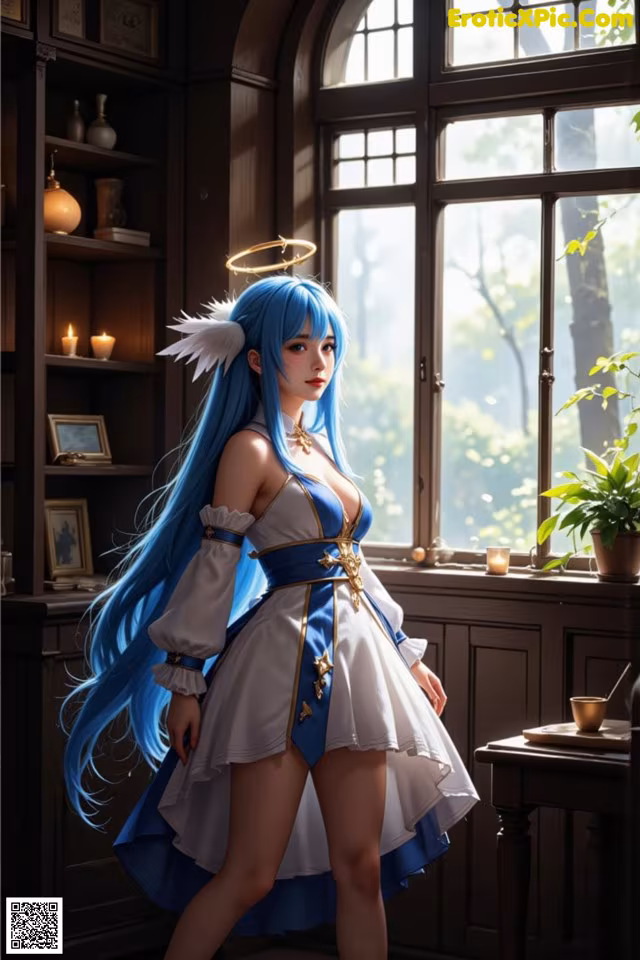 A woman with long blue hair standing in front of a window.