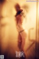 A blurry image of a woman standing in front of a window.