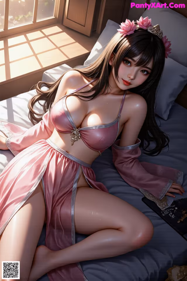 A woman in a pink lingerie sitting on a bed.