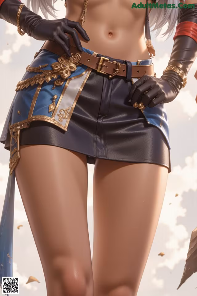 A woman in a short skirt and gloves is posing for a picture.