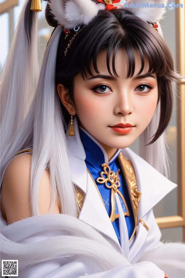 A woman in a white dress with long white hair.