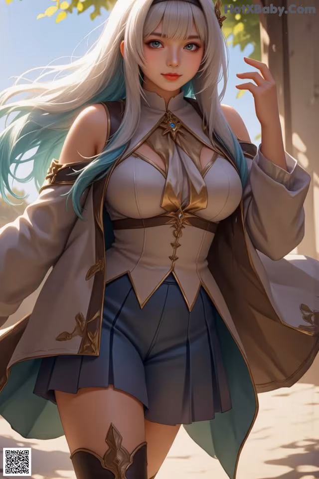A woman with long white hair wearing a brown jacket and blue shorts.