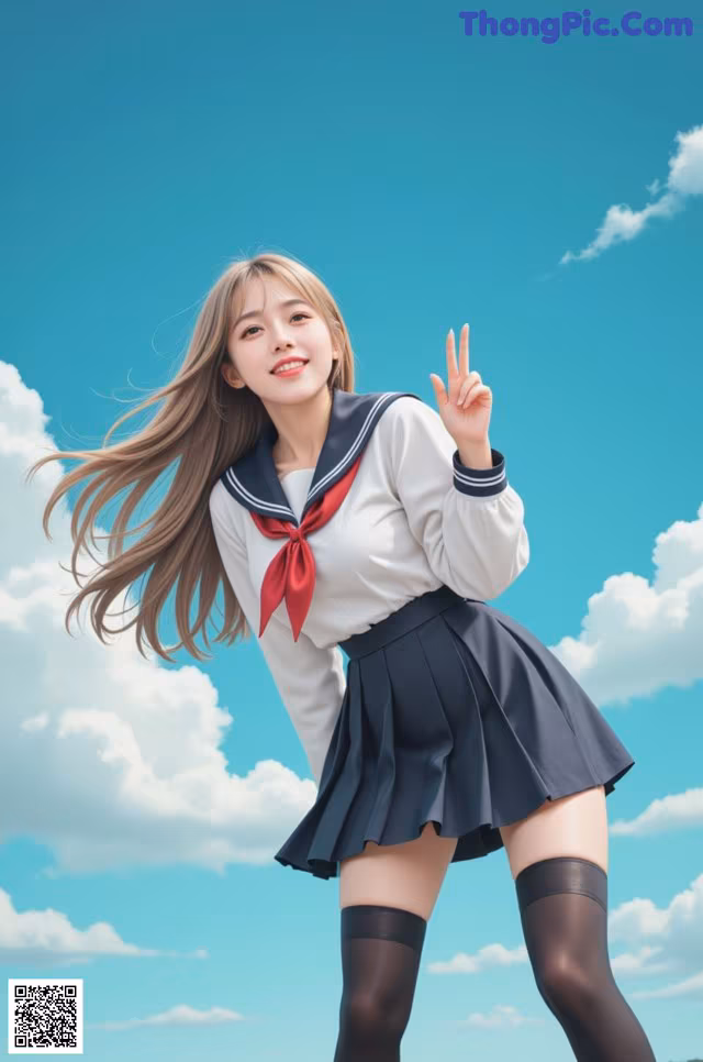 A woman in a school uniform posing for a picture.