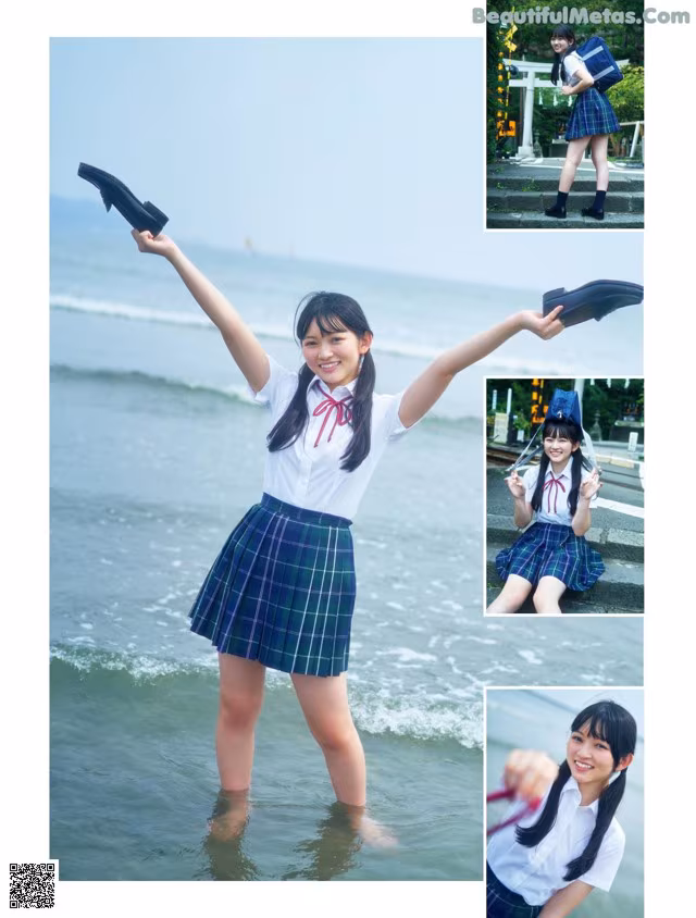 A girl in a school uniform is standing in the water.