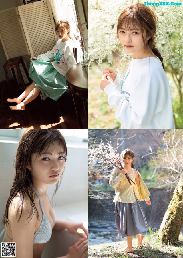 A collage of photos of a woman in a white shirt and blue skirt.
