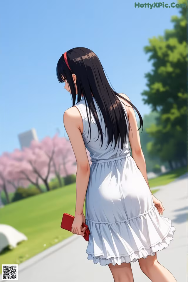 A woman in a white dress walking down a sidewalk.