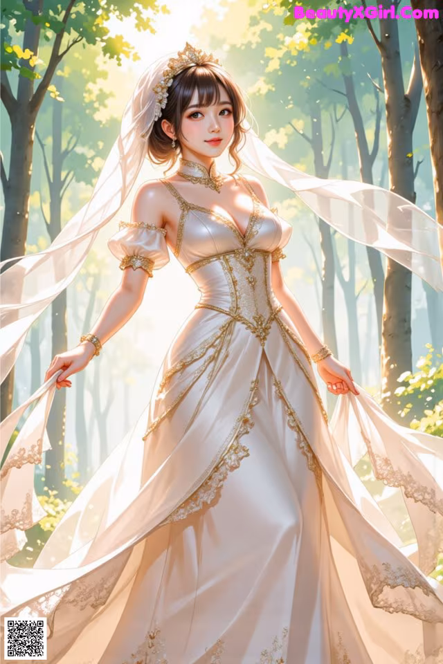 A woman in a wedding dress standing in the woods.